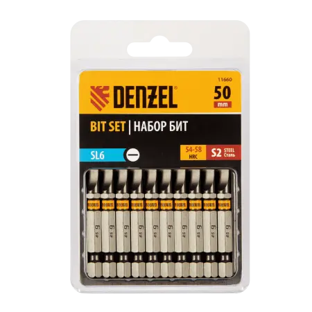 Бита DENZEL SL6,0х50, сталь S2, шестигранный профиль, 10 шт. Е 6,3 11660