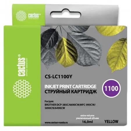 Картридж струйный Cactus CS-LC1100Y желтый (16мл) для Brother DCP-385c/6690cw/MFC-990/5890/5895/6490