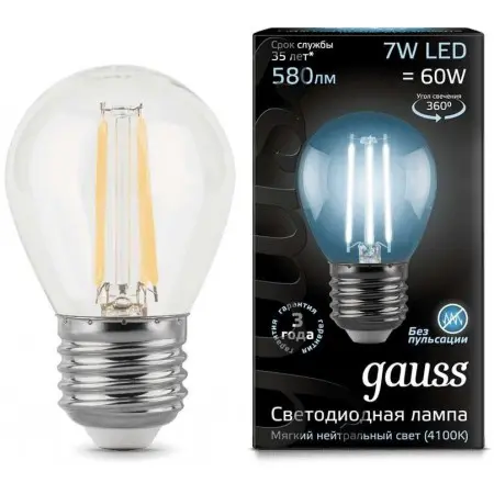 Лампа светодиодная Gauss Filament 7Вт цок.:E27 шар 220B 4100K св.свеч.бел.нейт. P45 (упак.:1шт) (105802207)