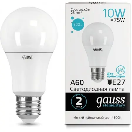 Лампа светодиодная Gauss Elementary A60 10Вт цок.:E27 груша 220B 4100K св.свеч.бел.нейт. (упак.:1шт) (23220)
