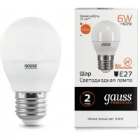 Лампа светодиодная Gauss Elementary 6Вт цок.:E27 шар 220B 2700K св.свеч.бел.теп. (упак.:1шт) (53216)