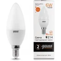 Лампа светодиодная Gauss Elementary 6Вт цок.:E14 свеча 220B 3000K св.свеч.бел.теп. C37 (упак.:10шт) (33116)