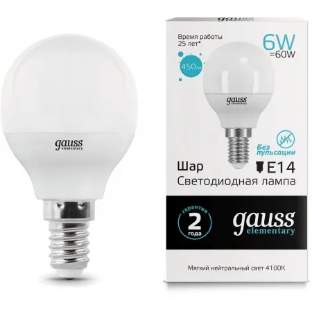 Лампа светодиодная Gauss Elementary 6Вт цок.:E14 шар 220B 4100K св.свеч.бел.нейт. (упак.:10шт) (53126)