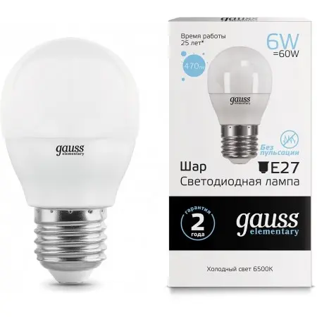 Лампа светодиодная Gauss Elementary 6Вт цок.:E27 шар 220B 6500K св.свеч.бел.хол. (упак.:10шт) (53236)
