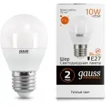 Лампа светодиодная Gauss Elementary 10Вт цок.:E27 шар 220B 3000K св.свеч.бел.теп. (упак.:10шт) (53210)