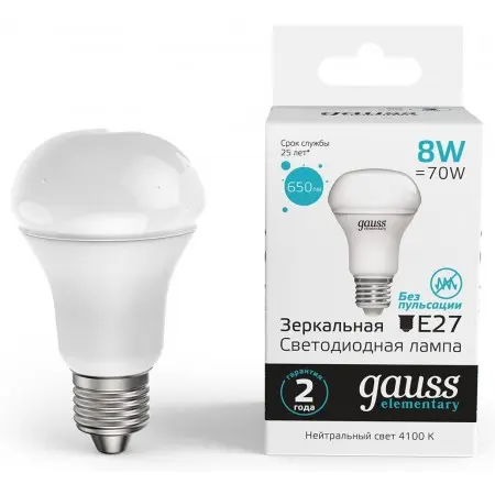 Лампа светодиодная Gauss Elementary 63228 8Вт цок.:E27 рефлек. 220B 4100K св.свеч.бел.нейт. (упак.:10шт)