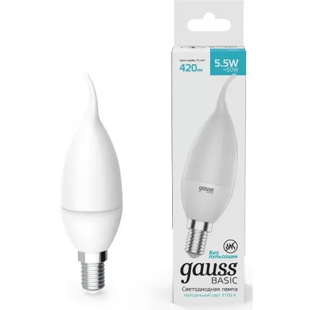 Лампа светодиодная Gauss Basic 1034116 5.5Вт цок.:E14 свеча 180B 3000K св.свеч.бел.теп. (упак.:10шт)