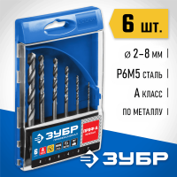 ЗУБР 6 шт. (Ø 2-8 мм), Р6М5, НЕХ 1/4", класс A, Р6М5, набор сверл спиральных по металлу 29623-H6_z01