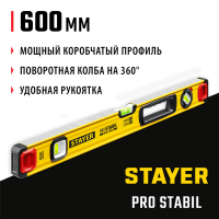 STAYER 600 мм, 3 глазка, точность 0.5 мм/м, уровень строительный фрезерованный PRO STABIL 3471-060_z02