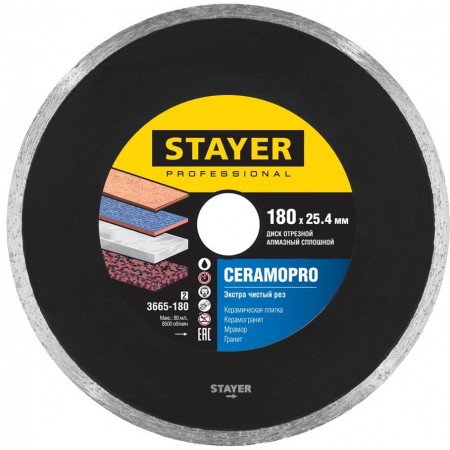 STAYER Ø 180Х25.4 мм, алмазный, cплошной, диск отрезной CERAMOPRO 3665-180_z02 Professional