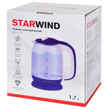 Чайник электрический Starwind SKG1513 1.7л. 2200Вт фиолетовый/розовый корпус: стекло/пластик