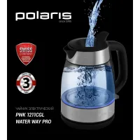 Чайник электрический Polaris PWK 1211CGL 1.2л. 2200Вт нержавеющая сталь/черный корпус: стекло/металл/пластик