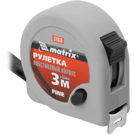 Рулетка строительная Matrix Fine дл.полотна 3м изм.шкала в см зацеп простой серый (31016)