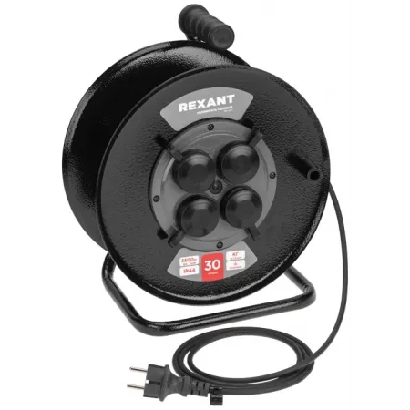 Удлинитель силовой Rexant КГ (13-5011) 3x1.5кв.мм 4розет. 30м КГ 16A метал.катушка черный