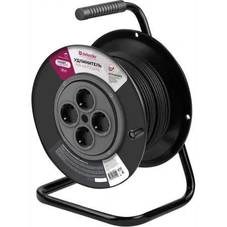 Удлинитель силовой Defender ExtR2G-01-30 (99854) 2x0.75кв.мм 4розет. 30м ПВС 6A катушка черный