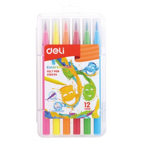 Фломастеры Deli EC10304 Color Emotion кисть смываемые 12цв. пластиковый пенал (12шт.)