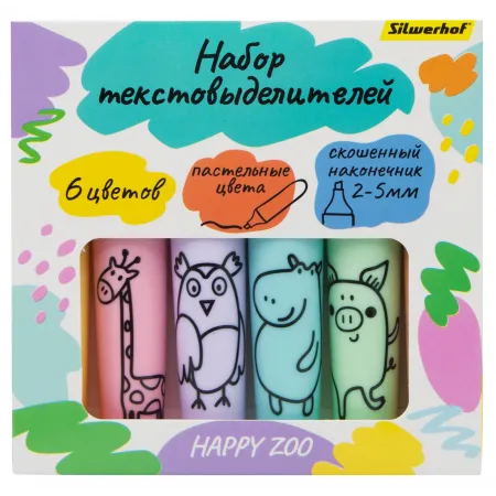 Набор текстовыделителей Silwerhof Happy Zoo 2-5мм тонкий 6цв. ассорти коробка с европодвесом