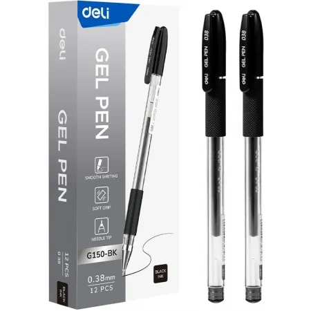 Ручка гелев. Deli EG150-BK прозрачный d=0.38мм черн. черн. игловидный пиш. наконечник резин. манжета