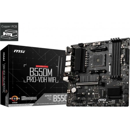 Материнская плата MSI B550M PRO-VDH WIFI Soc-AM4 AMD B550 4xDDR4 mATX AC`97 8ch(7.1) GbLAN RAID+HDMI+DP