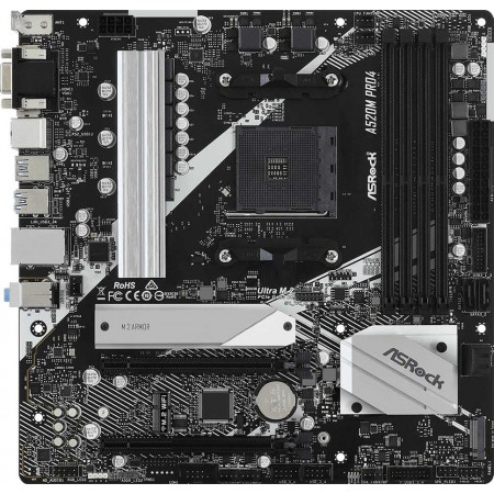 Материнская плата Asrock A520M PRO4 Soc-AM4 AMD A520 4xDDR4 mATX AC`97 8ch(7.1) GbLAN RAID+VGA+HDMI+DP