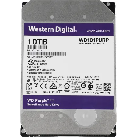 Жесткий диск WD SATA-III 10TB WD101PURP Surveillance Purple Pro (7200rpm) 256Mb 3.5"