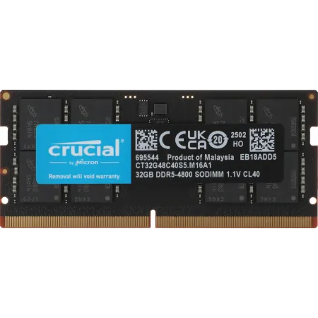 Память DDR5 32GB 4800MHz Crucial CT32G48C40S5 RTL PC5-38400 CL40 SO-DIMM 262-pin 1.1В dual rank Ret Память DDR5 32GB 4800MHz Crucial CT32G48C40S5 RTL PC5-38400 CL40 SO-DIMM 262-pin 1.1В dual rank Ret