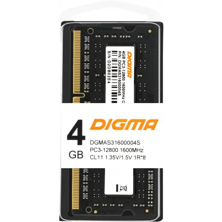 Память DDR3 4GB 1600MHz Digma DGMAS31600004S RTL PC3-12800 CL11 SO-DIMM 204-pin 1.35В single rank Ret