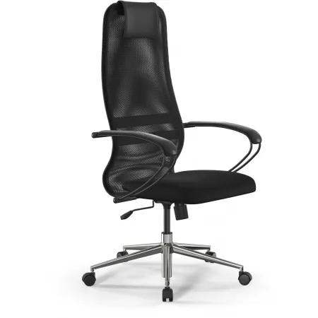 Кресло Метта SU-B-8 черный сиденье черный сетка/ткань с подголов. крестов. металл хром Кресло Метта SU-B-8 черный сиденье черный сетка/ткань с подголов. крестов. металл хром