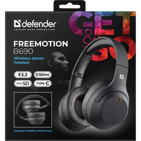 Гарнитура накладные Defender FreeMotion B690 черный беспроводные bluetooth накладные (63690)