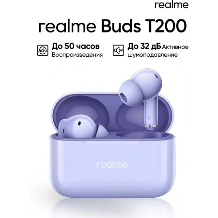Гарнитура внутриканальные Realme Buds T200 фиолетовый беспроводные bluetooth в ушной раковине (6941764462083)