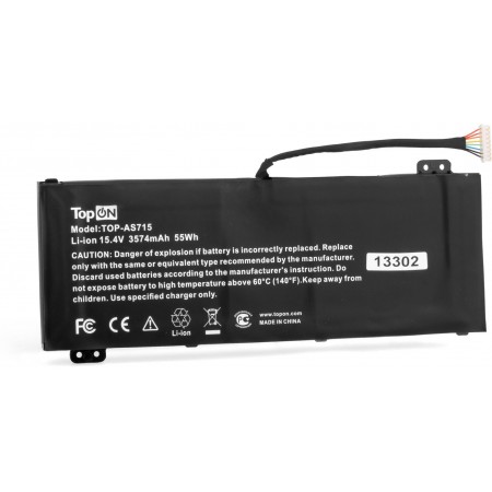 Батарея для ноутбука TopON TOP-AS715 15.4V 3574mAh литиево-ионная Acer Aspire 7 A715-74G, AN517-51, Nitro 5 AN515-43, A517-51, AN515-54, AN515-55, AN517-51, 7 AN715-51, ConceptD 3 CN315-71, Pro CN315-71P, ConceptD 5 CN517-71, Pro CN515-71P, ConceptD 5 Pro