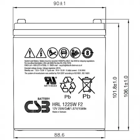 Батарея для ИБП CSB HRL1225W F2 FR 12В 5Ач