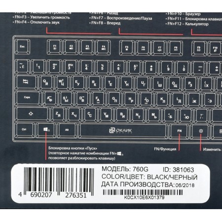 Клавиатура Оклик 760G GENESIS черный USB for gamer LED
