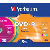 Диск DVD-R Verbatim 4.7Gb 16x Slim case (5шт) Color (43557)