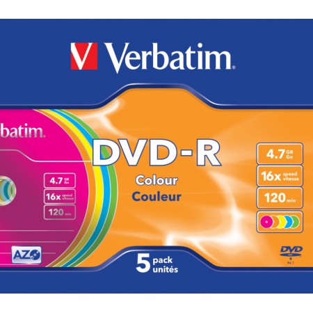 Диск DVD-R Verbatim 4.7Gb 16x Slim case (5шт) Color (43557)