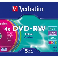 Диск DVD-RW Verbatim 4.7Gb 4x Slim case (5шт) Color (43563)