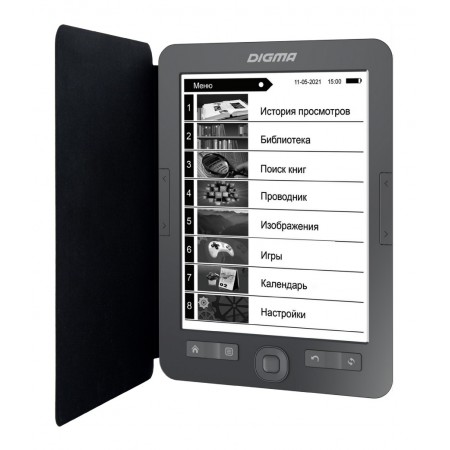 Электронная книга Digma M2 6" E-ink HD Pearl 758x1024 600MHz 128Mb/4Gb/SD/microSDHC/подсветка дисплея темно-серый (в компл.:обложка)