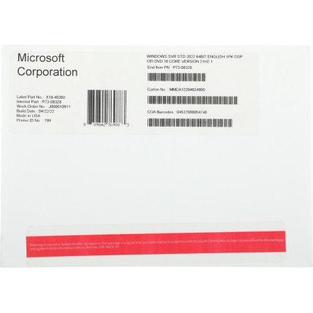 Операционная система Microsoft Windows Server Standard 2022 64Bit Eng 1pk DSP OEI DVD 16 Core (P73-08328)