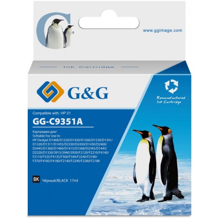 Картридж струйный G&G GG-C9351A № 21 черный (17мл) для HP DJ 3920/3940/D1360/D1460/D1470/D1560/D2330/D2360/D2430/D2460/F370/F375/F380/F2180/F2187/F2224/F2280/F2290/F4140/F4172/F4180/F4190