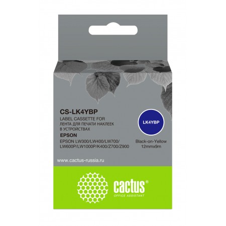 Картридж ленточный Cactus CS-LK4YBP LK-4YBP черный на желтом 12x9 для Epson LW300/LW400/LW700/LW600P/LW1000P/K400/Z700/Z900