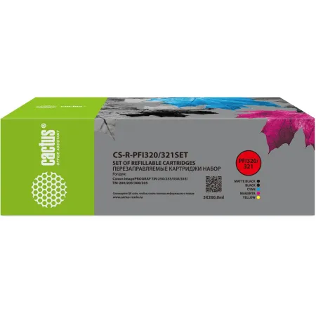 Картридж перезаправляемый струйный Cactus CS-R-PFI320/321SET черный/черный матовый/голубой/желтый/пурпурный набор 5шт.упак. для Canon imagePROGRAF TM-200/200MFP/205/300/300MFP/305/250/255/350/355 с чипом