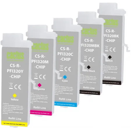 Картридж перезаправляемый струйный Cactus CS-R-PFI320SET-CHIP черный/черный матовый/голубой/желтый/пурпурный набор 5шт.упак. для Canon imagePROGRAF TM-200/200MFP/205/300/300MFP/305/250/255/350/355 с чипом