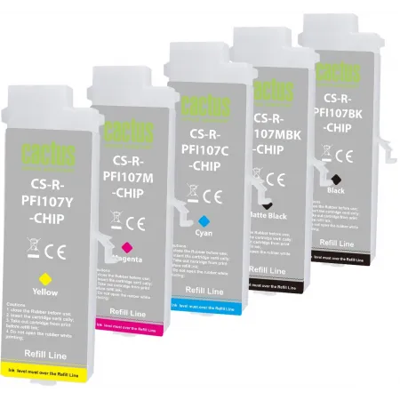 Картридж перезаправляемый струйный Cactus CS-R-PFI107SET-CHIP черный/черный матовый/голубой/желтый/пурпурный набор 5шт.упак. для Canon imageProGRAF iPF670/680/685/770/780/785 с чипом