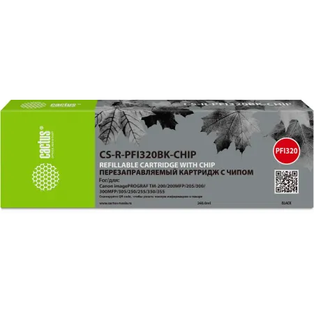 Картридж перезаправляемый струйный Cactus CS-R-PFI320BK-CHIP PFI-320BK черный (260мл) для Canon imagePROGRAF TM-200/200MFP/205/300/300MFP/305/250/255/350/355 с чипом