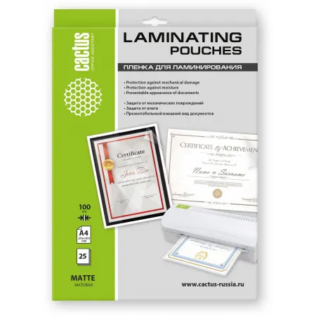 Пленка для ламинирования Cactus 100мкм A4 (25шт) матовая 216x303мм CS-LPMА410025 Пленка для ламинирования Cactus 100мкм A4 (25шт) матовая 216x303мм CS-LPMА410025