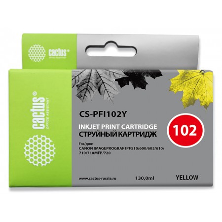 Картридж струйный Cactus CS-PFI102Y PFI-102Y желтый (130мл) для Canon IP iPF500/iPF600/iPF700/MFP M40/iPF765/LP17/LP24