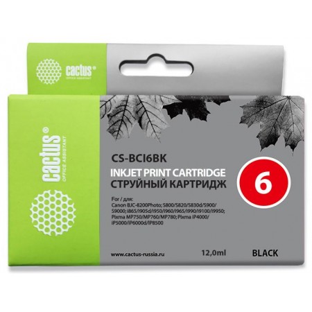 Картридж струйный Cactus CS-BCI6BK черный (12мл) для Canon i905D/i950S/i960x/i965/i990/i9100/i9950/S800/S820/S900/S9000/iP600D/iP8500/JX500/MP750/MP760/BJC-8200