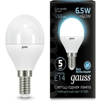 Лампа светодиодная Gauss 6.5Вт цок.:E14 шар 220B 4100K св.свеч.бел.нейт. (упак.:10шт) (105101207) Лампа светодиодная Gauss 6.5Вт цок.:E14 шар 220B 4100K св.свеч.бел.нейт. (упак.:10шт) (105101207)