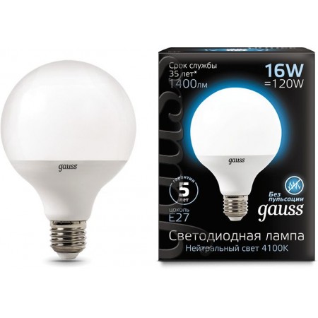 Лампа светодиодная Gauss G95 16Вт цок.:E27 шар 220B 4100K св.свеч.бел.нейт. (упак.:1шт) (105102216)