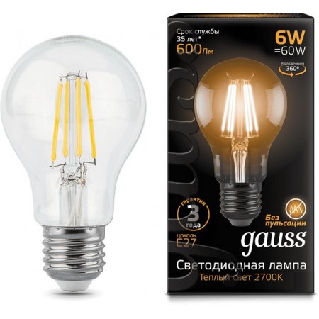 Лампа светодиодная Gauss Filament A60 6Вт цок.:E27 груша 220B 2700K св.свеч.бел.теп. (упак.:1шт) (102802106)